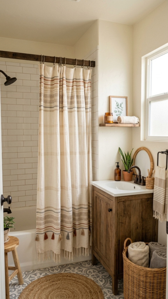 Boho farmhouse guest bathroom decor ideas on a budget — cozy earthy bathroom with macramé and wood accents