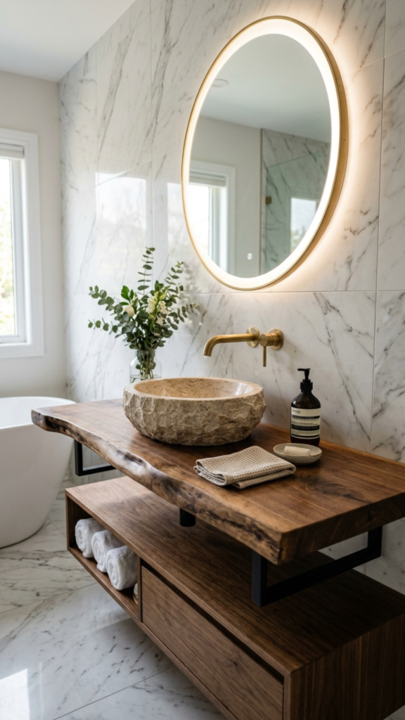 Luxury live-edge wood slab rustic bathroom vanity with stone sink