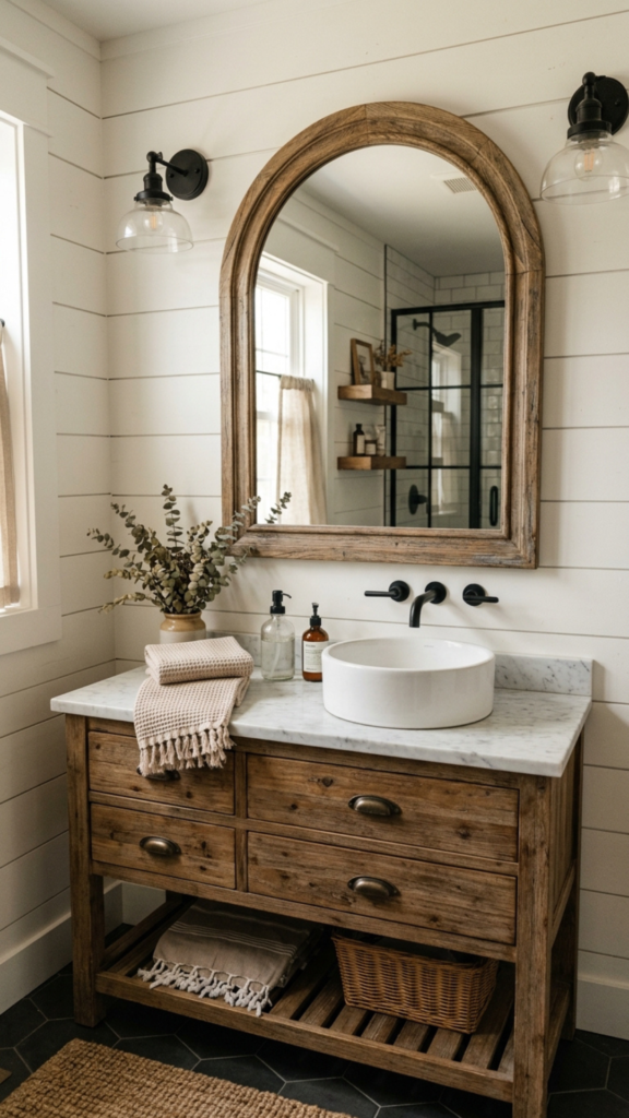 Arched mirror for modern farmhouse small bathroom decor ideas