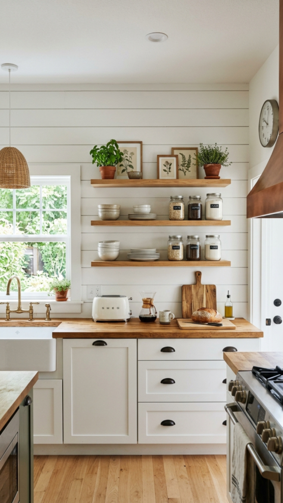 Shiplap kitchen accent wall farmhouse decor idea.