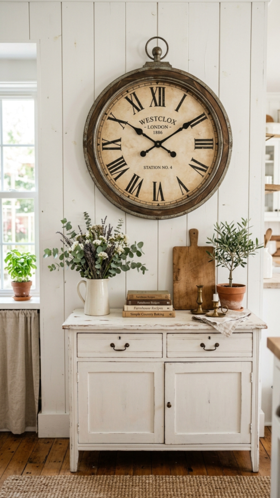 Vintage clock as part of farmhouse kitchen wall decor ideas.