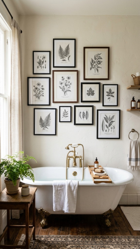 Botanical gallery wall as farmhouse bathroom wall decor idea