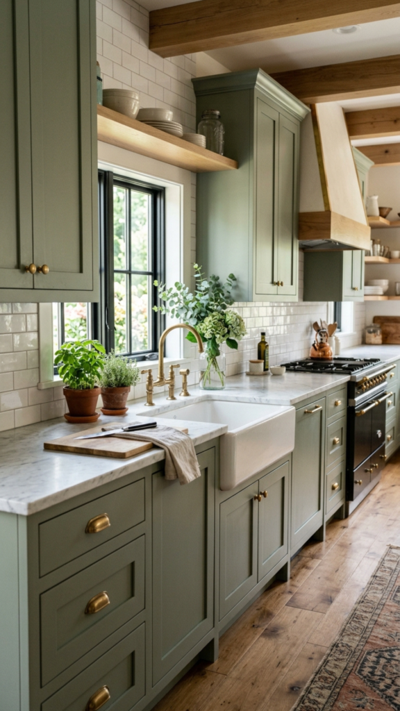 Sage green farmhouse kitchen cabinet ideas with brass hardware and marble countertops