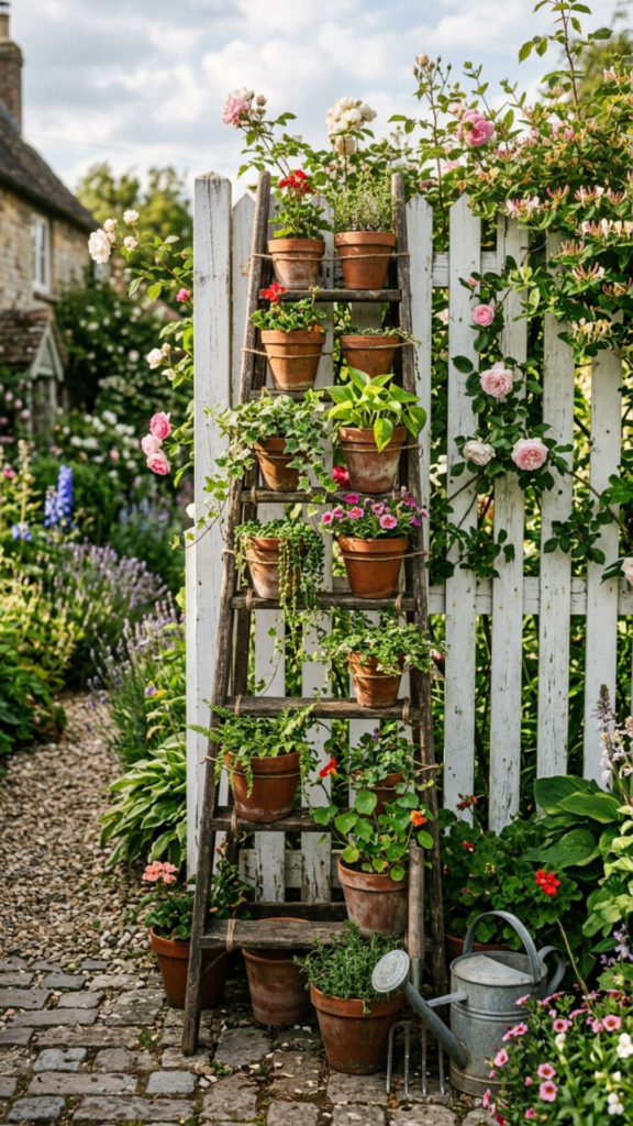 farmhouse outdoor decor ladder plant stand DIY