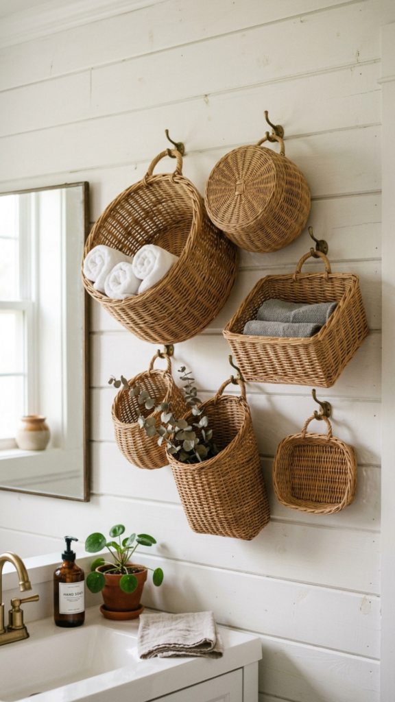 Woven basket wall arrangement as farmhouse bathroom wall decor.