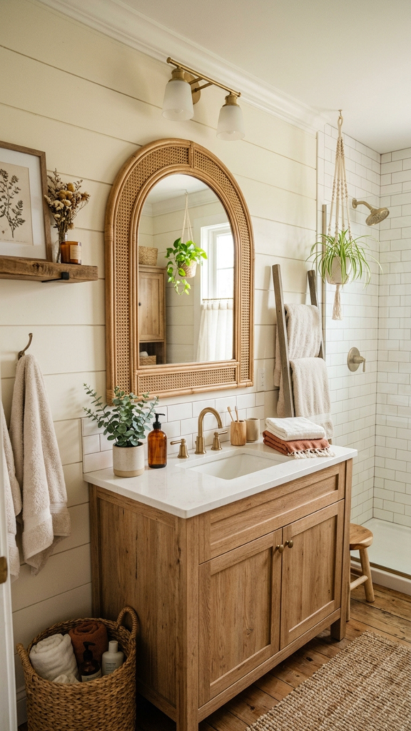 Arch mirror in boho farmhouse guest bathroom decor with rattan frame