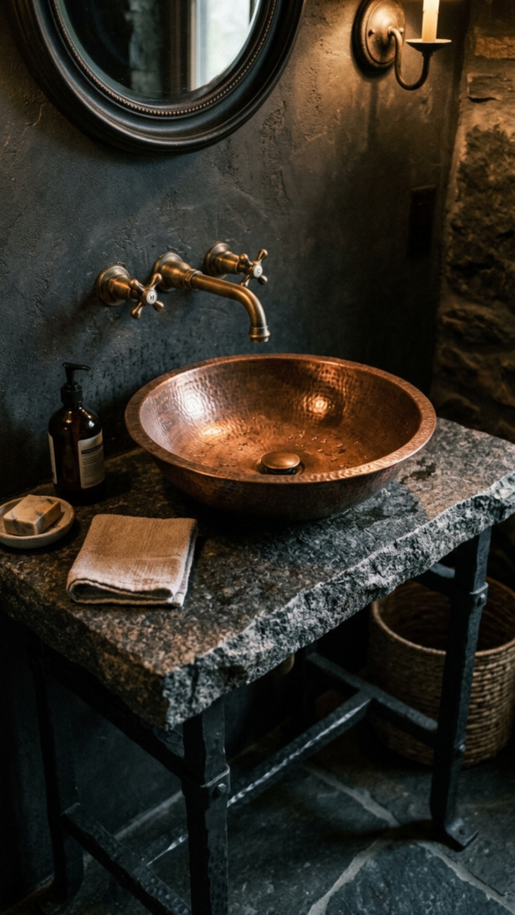 Hammered copper vessel sink on granite slab — rustic luxury bathroom vanity