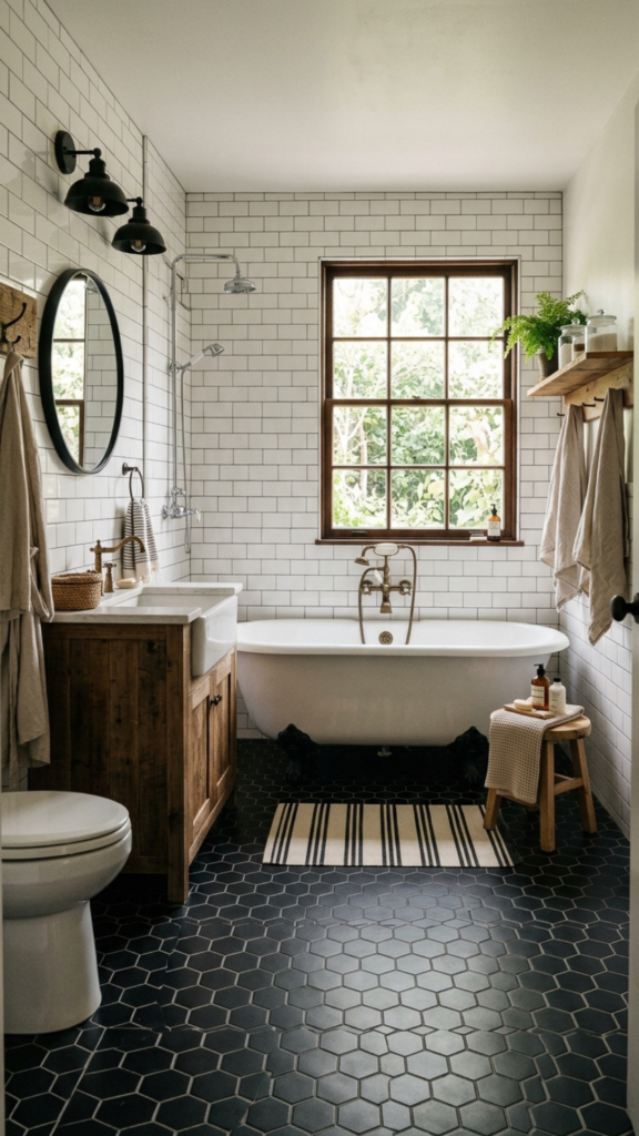 Subway tile and hex floor tile in modern farmhouse small bathroom decor