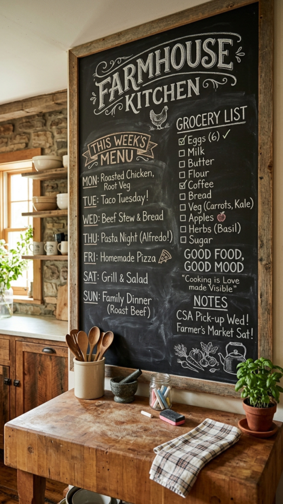 Chalkboard wall panel as a farmhouse kitchen wall decor idea.