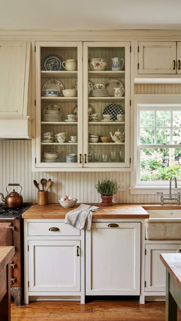 Farmhouse kitchen cabinet ideas with glass-front cabinet doors and displayed dishware