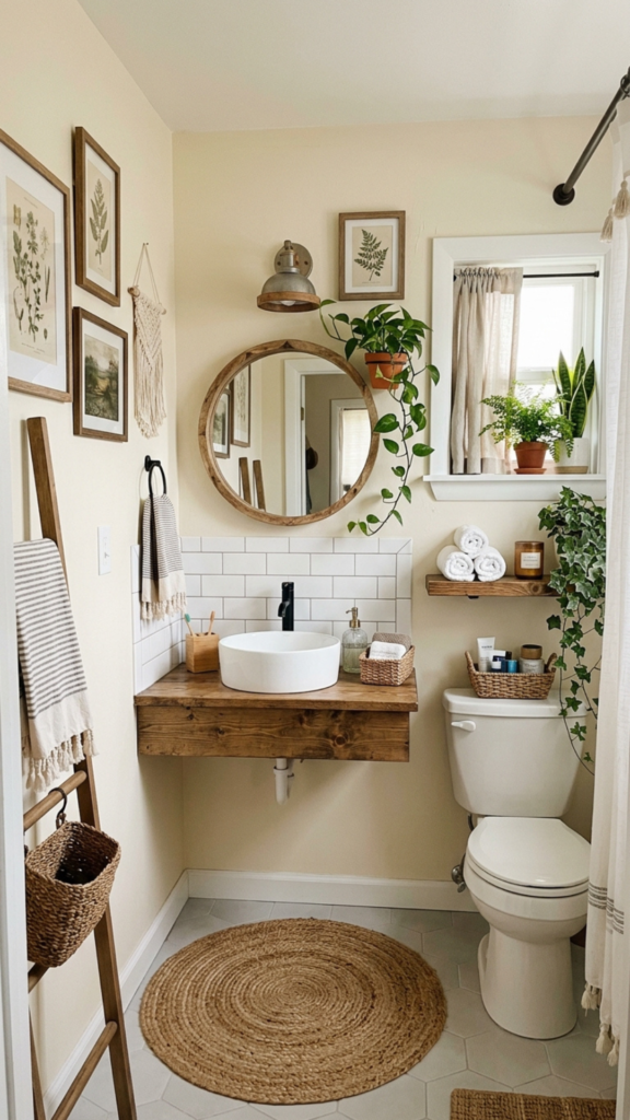 Completed boho farmhouse guest bathroom decor on a budget with plants, woven mat, and wooden accents