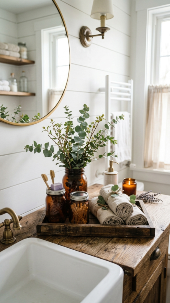 Farmhouse bathroom accessories including mason jars and eucalyptus for modern farmhouse small bathroom decor