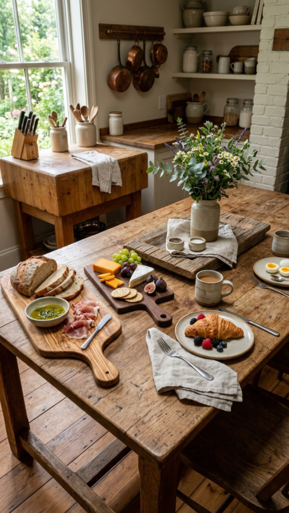 Natural wood farmhouse kitchen decor elements.
