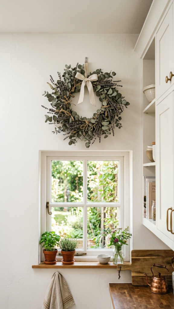 Dried herb wreath as natural farmhouse kitchen wall decor