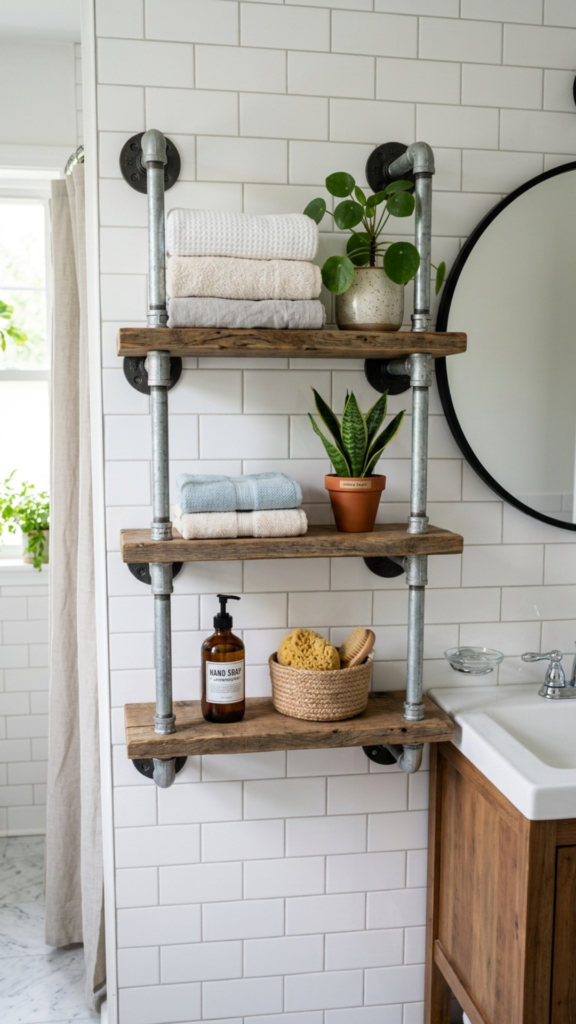 Galvanized metal pipe shelf as farmhouse bathroom wall decor.