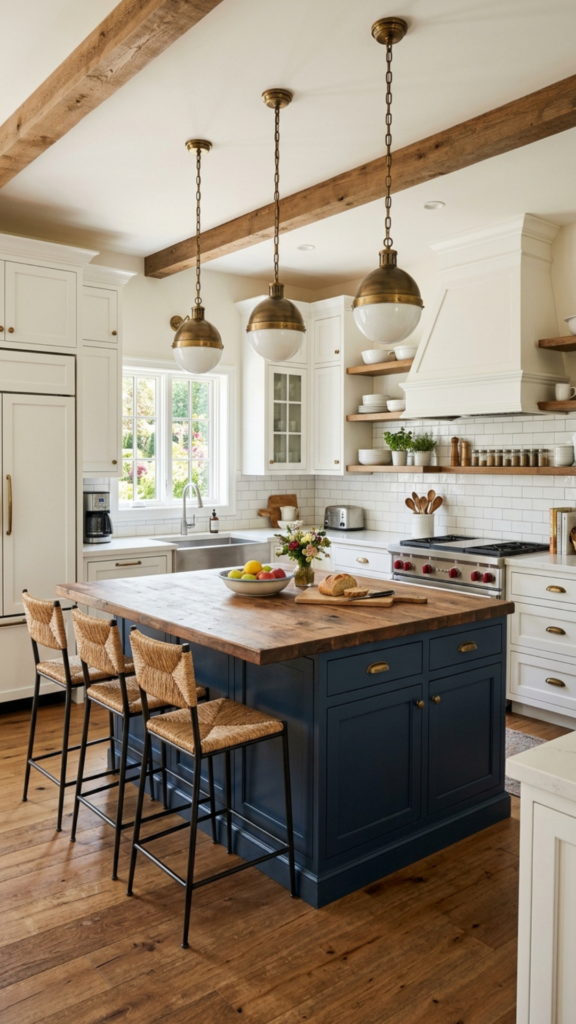 Farmhouse kitchen island cabinet ideas with contrasting dark navy blue color