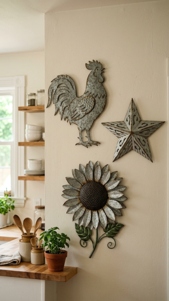 Galvanized metal wall art as a farmhouse kitchen wall decor idea.