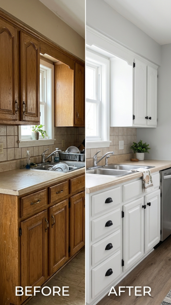 Budget farmhouse kitchen cabinet makeover ideas before and after