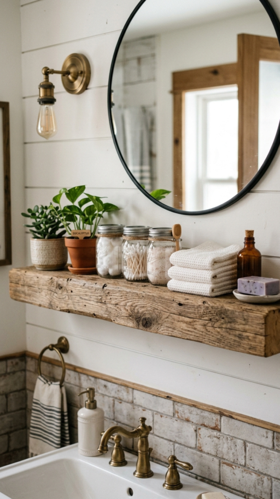 Reclaimed wood floating shelf as farmhouse bathroom wall decor idea.