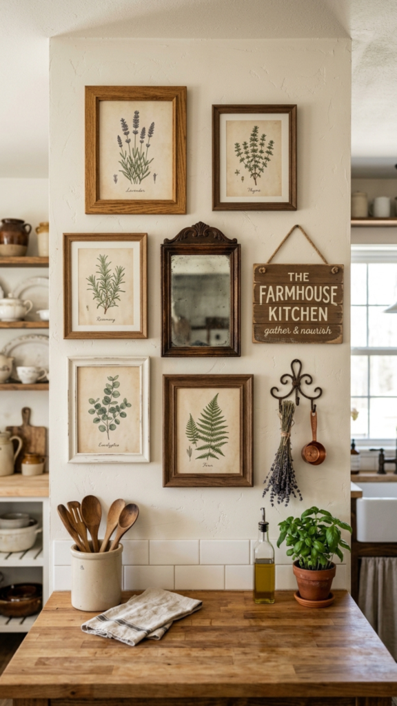 Farmhouse-style gallery wall in a kitchen space.
