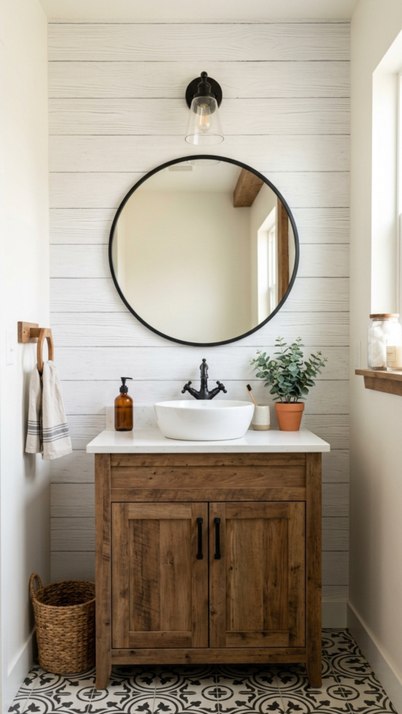 Farmhouse peel-and-stick wallpaper as bathroom wall decor idea.
