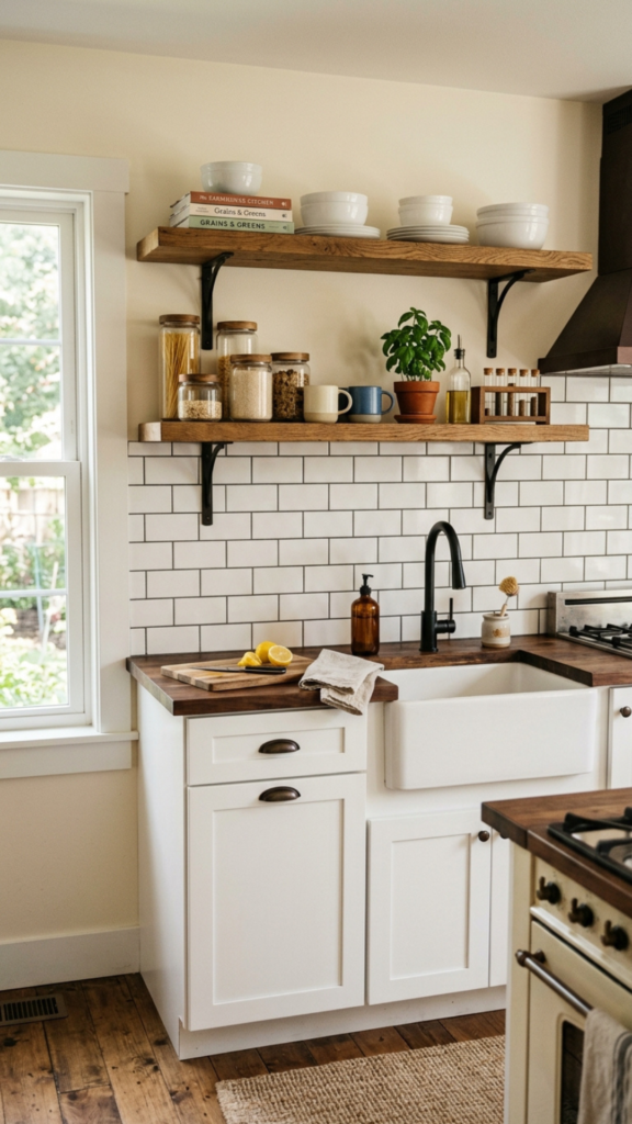 Farmhouse kitchen subway tile backsplash wall decor idea.