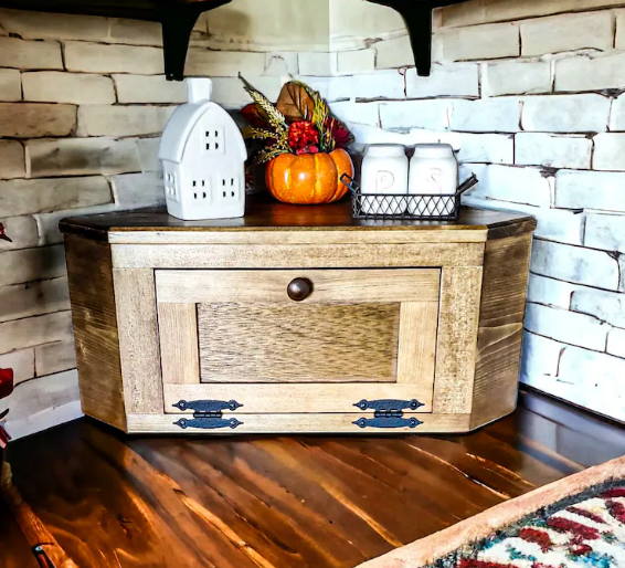 Solid Wood Corner Bread Box - Wood breadbox counter Rustic farmhouse kitchen storage