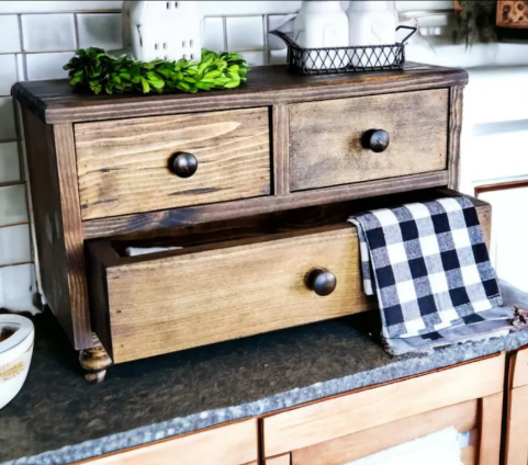 Solid wood corner bread box farmhouse style on kitchen counter