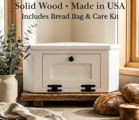 Solid Wood Corner Bread Box Countertop - Corner Bread Boxes for the Counter, Modern Farmhouse Kitchen Storage