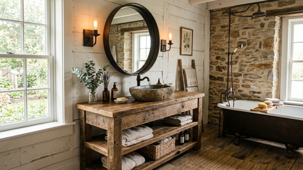 Rustic bathroom vanity ideas — reclaimed wood vanity with vessel sink
