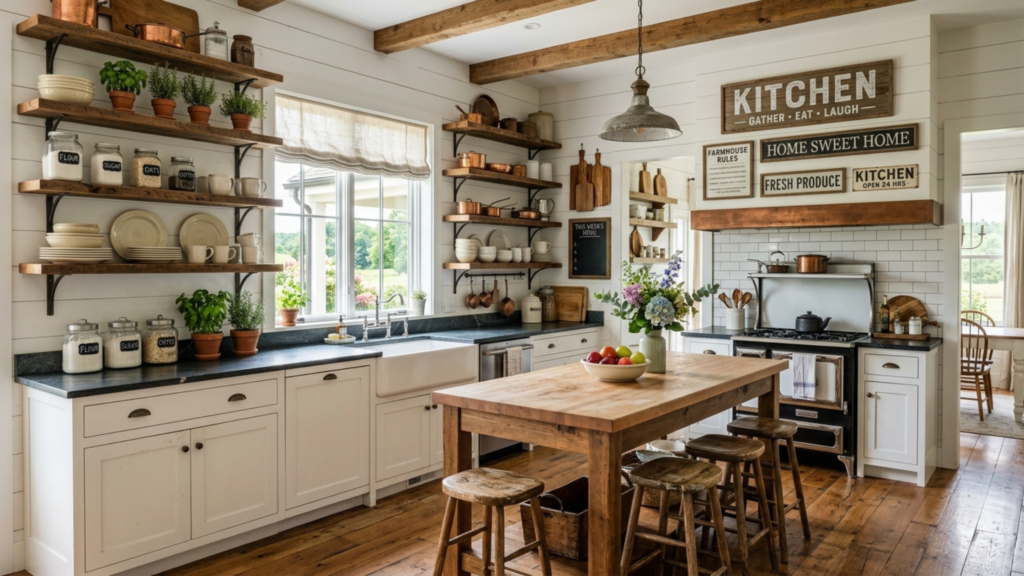 Farmhouse kitchen wall decor ideas with shiplap walls and rustic accents