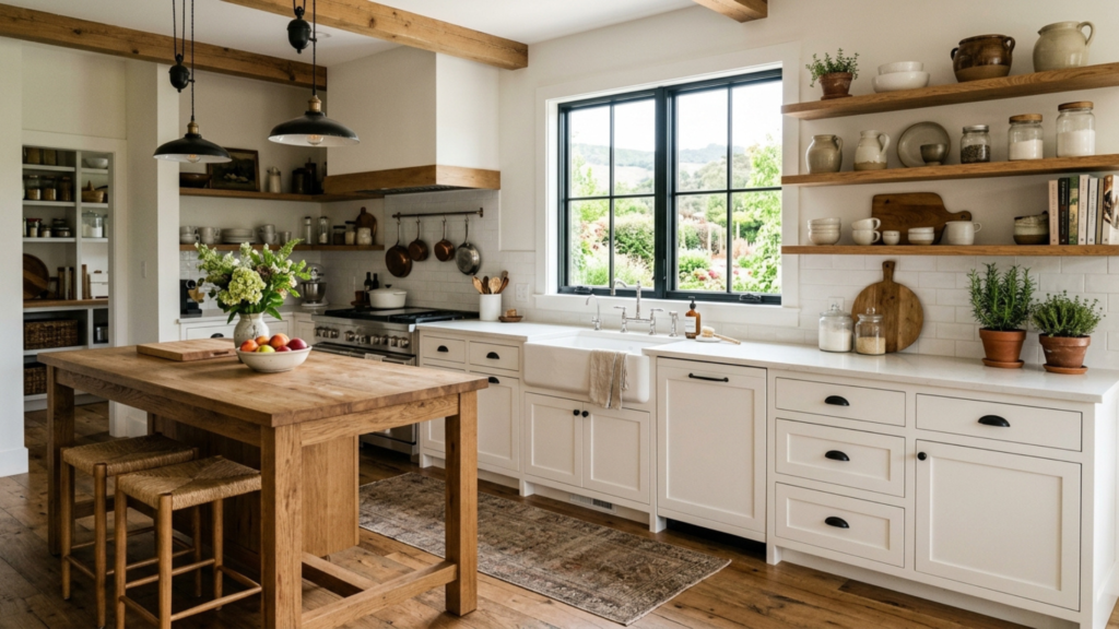 Farmhouse kitchen cabinet ideas with white shaker-style cabinets and open shelving