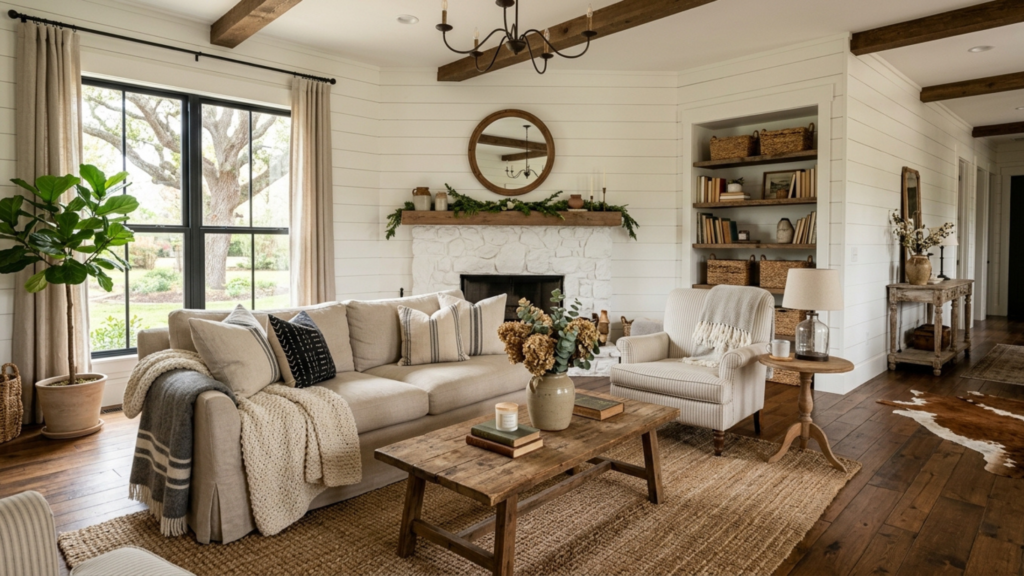 Farmhouse living room decor ideas with shiplap walls and rustic furniture
