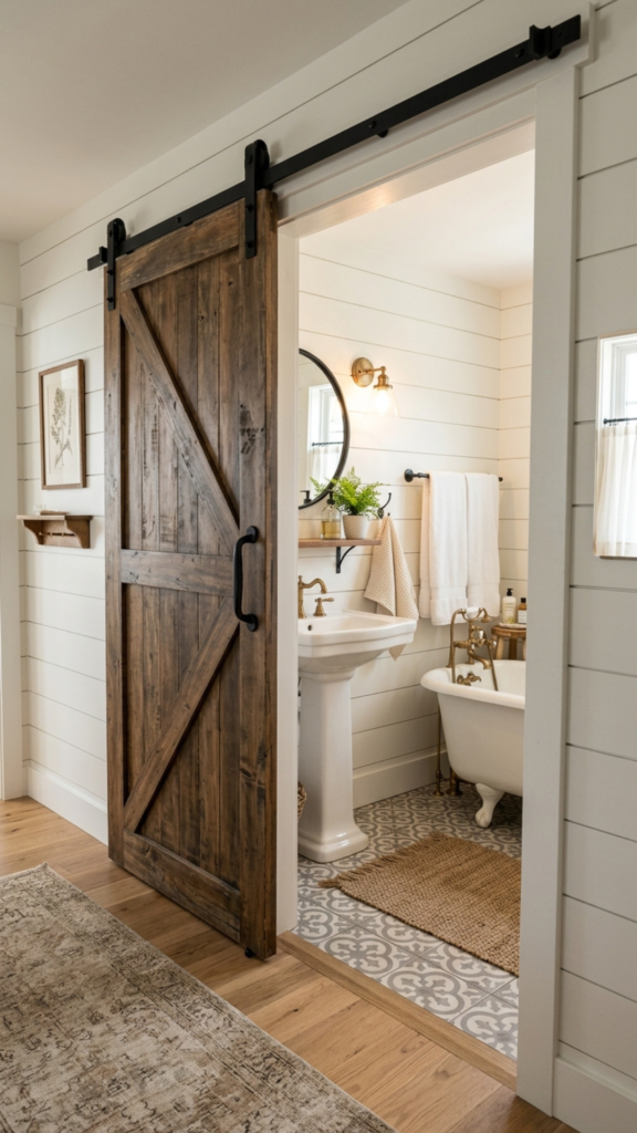 barn door farmhouse bathroom decor idea