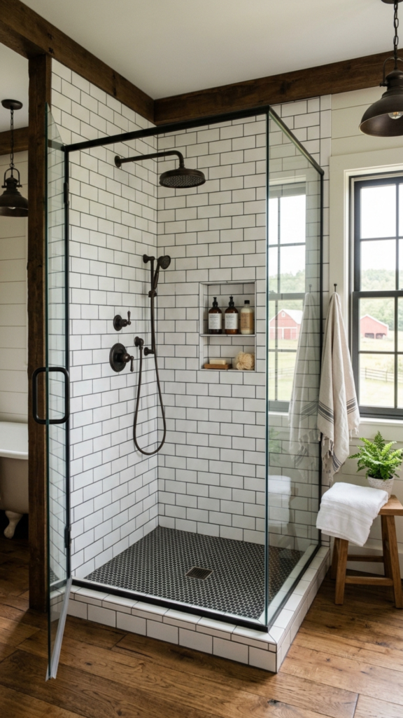 subway tile farmhouse bathroom shower ideas
